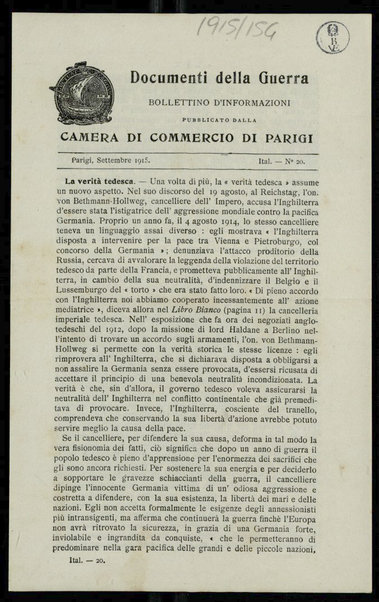 Documenti della guerra : bollettino d'informazioni pubblicato dalla Camera di commercio di Parigi